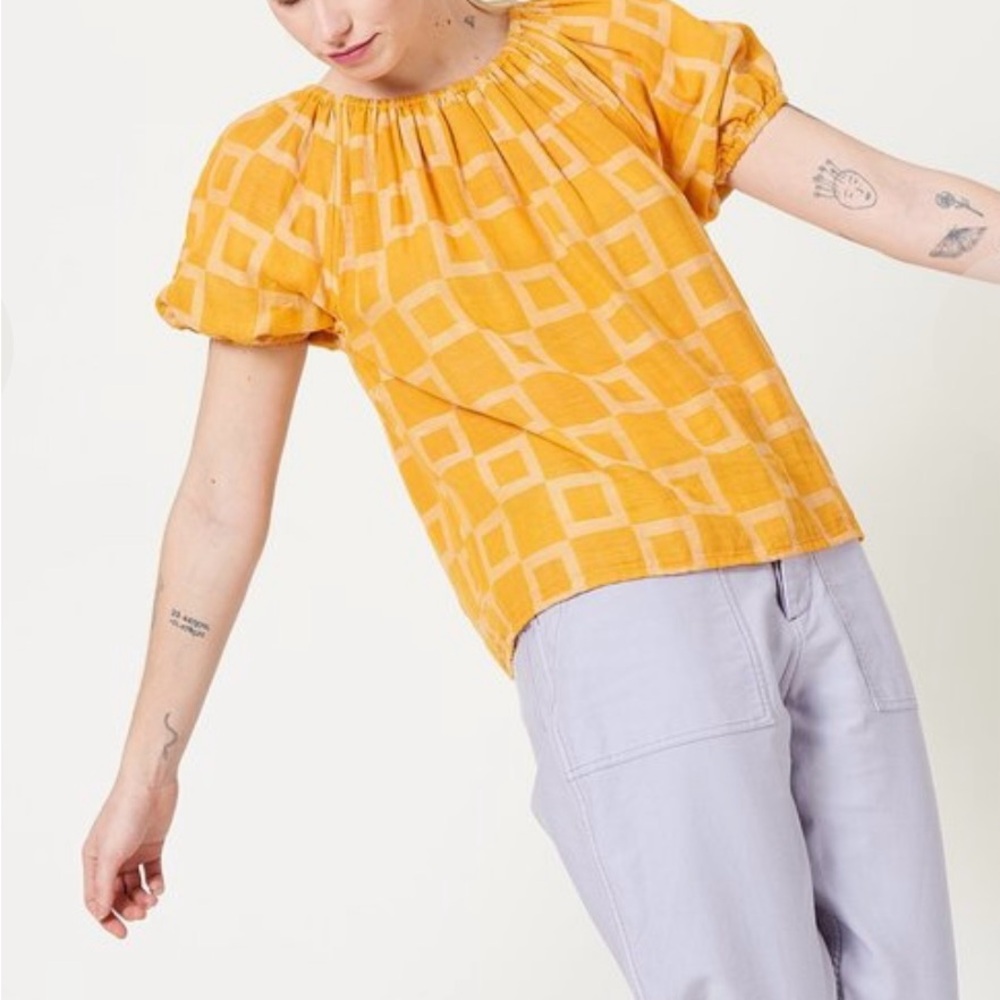 Ace & Jig Gelato Top Mustard Yellow Geometric Puff-Sleeve Blouse